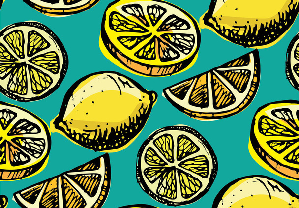 Handgezeichnetes Muster mit Zitronen- und Zitronenscheibe. Vektorillustration. - Vektor, Bild