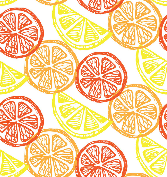 Hand getekend patroon met citroen en een schijfje citroen. Vectorillustratie. - Vector, afbeelding