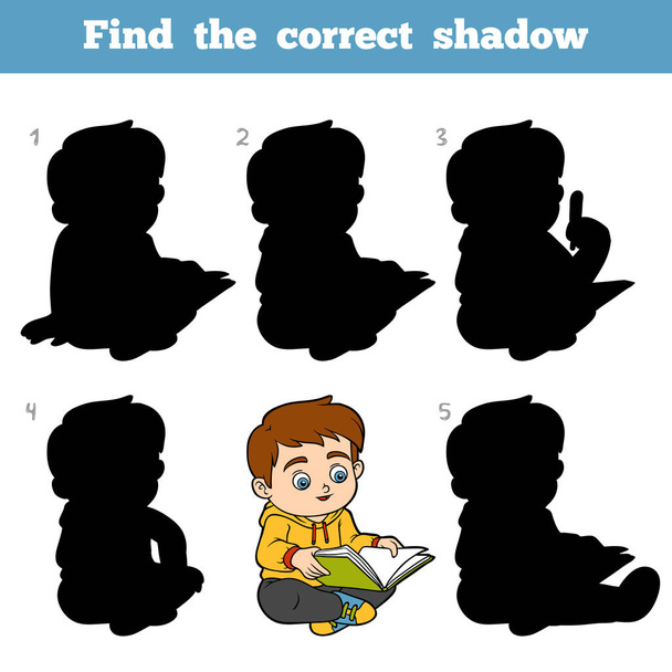 Find the correct shadow, game for children, Young boy reading a book - Vector, Image
