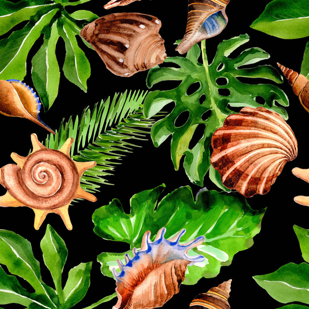 Τροπική Χαβάη παλάμη δέντρο και θάλασσας κέλυφος μοτίβο φύλλα σε στυλ υδροχρώματος. - Φωτογραφία, εικόνα