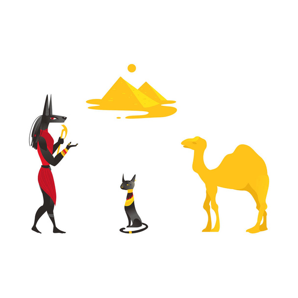 Egypt symbols - Anubis, black cat, camel, pyramids - Vector, Image