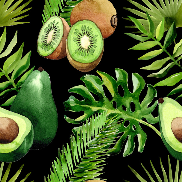 Тропические Гавайи листья пальмы, киви и авокадо узор в акварельном стиле
. - Фото, изображение