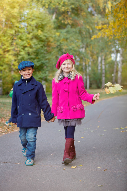 Děti chůze v krásném podzimním parku na teplý slunečný podzim den. - Fotografie, Obrázek