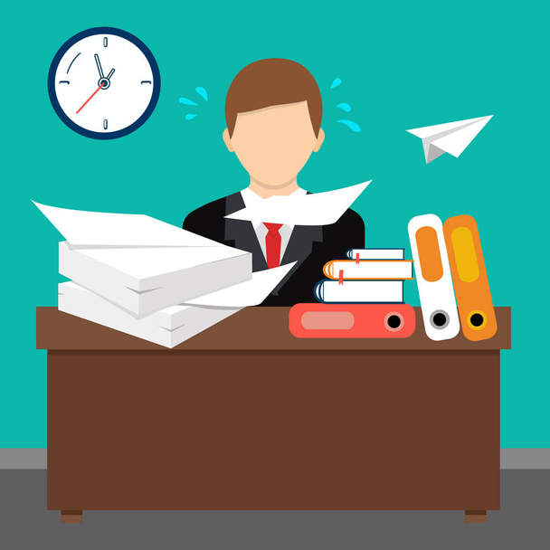 Flat style vector illustration. Busy cluttered office table - Vector, Image