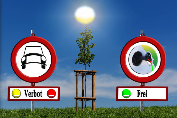 Sinais rodoviários com inscrição em alemão "proibido e livre". Signpost zona ambiental passeio livre apenas para carros elétricos. Proibição para veículos com motor de combustão interna
. - Foto, Imagem