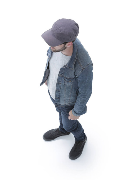 view from above. guy in a baseball cap and denim jacket - Photo, image