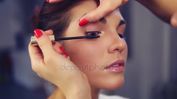 Professional makeup artist applying mascara on the models eye. Work in beauty fashion industry. Backstage professional make-up. Close-up view. Natural lighting - Materiał filmowy, wideo