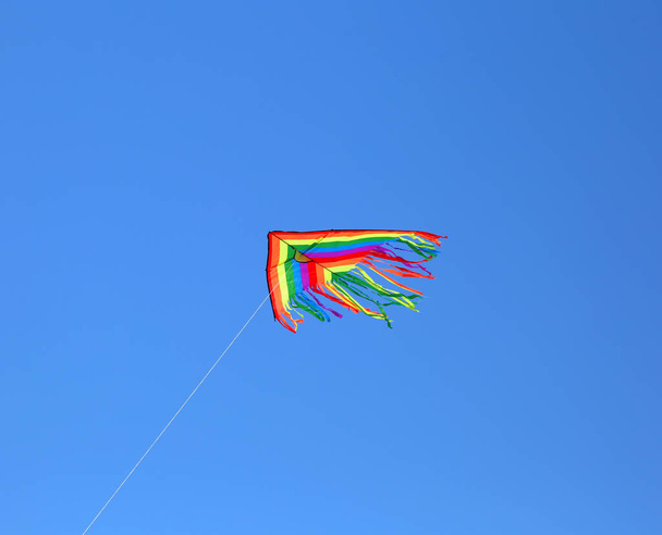 leija lentää korkealla sinisellä taivaalla
 - Valokuva, kuva