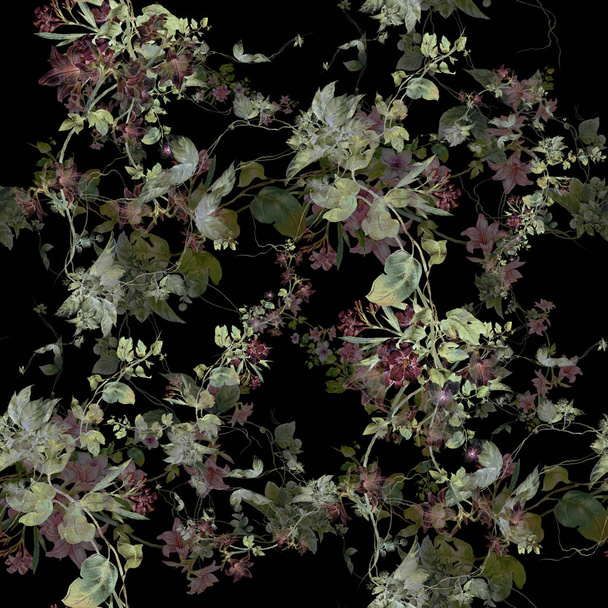 Watercolor painting of leaf and flowers, seamless pattern on dark background. - Foto, Imagen
