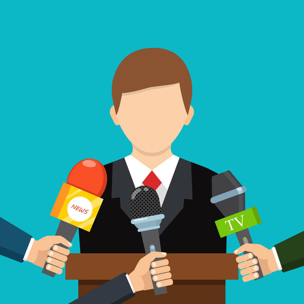 Businessman gives a reporter interview. Press conference. Live r - Vector, Image