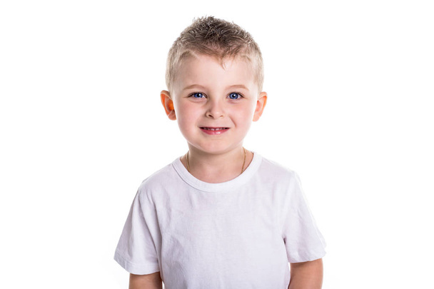 Happy five year old European boy posing over white studio background - Zdjęcie, obraz