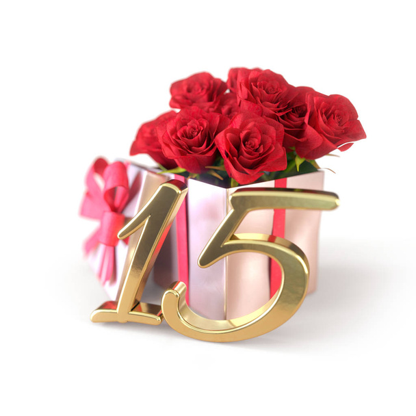 Geburtstags-Konzept mit roten Rosen in Geschenk isoliert auf weißem Hintergrund. Fünfzehn. 15. 3D-Darstellung - Foto, Bild