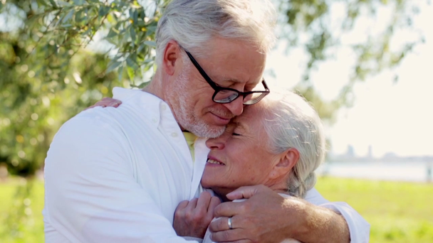 Glückliches Senioren-Paar kuschelt im Sommerpark - Filmmaterial, Video