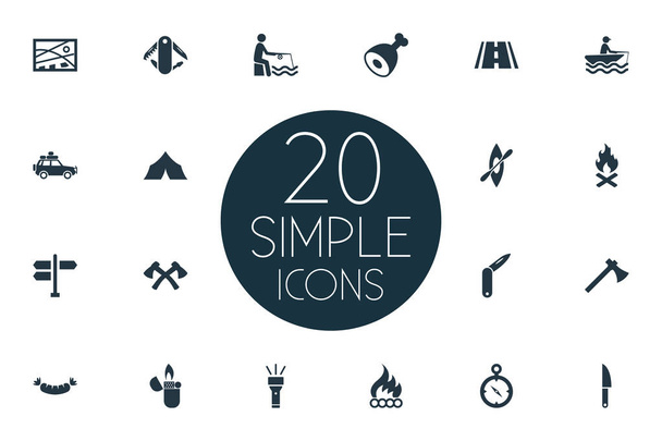 Vector Illustration Set Of Simple Camp Icons. Elements Lumberjack, Chronometr, Canvas And Other Synonyms Fisherman, Thigh And Penknife. - Vector, Image