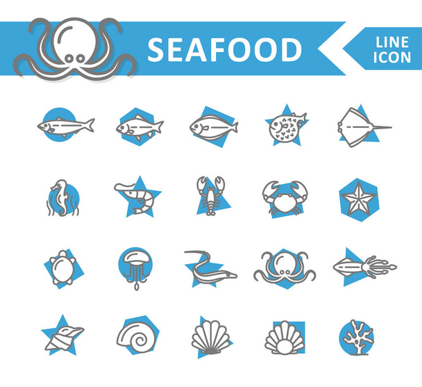 Set of vector fish and sea food line icons. Shrimp, oyster, squid, crab, ell, fugu, lobster, carp, sturgeon, jellyfish, octopus, turtle, starfish, coral, sell, seahorse and more. Editable Stroke. - Vector, Image