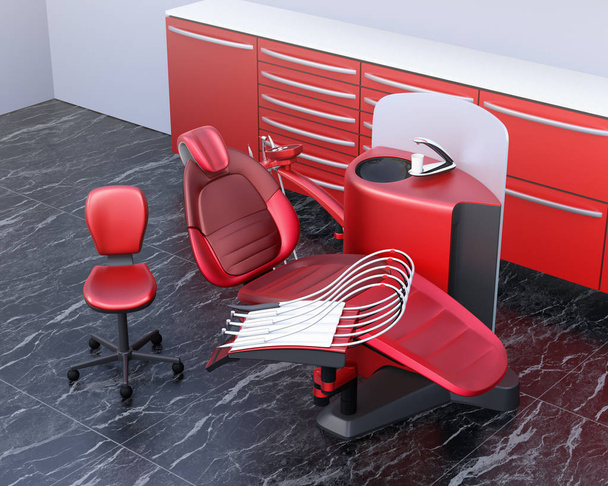 Interior de escritório odontológico com equipamento de unidade vermelha e gabinete
 - Foto, Imagem