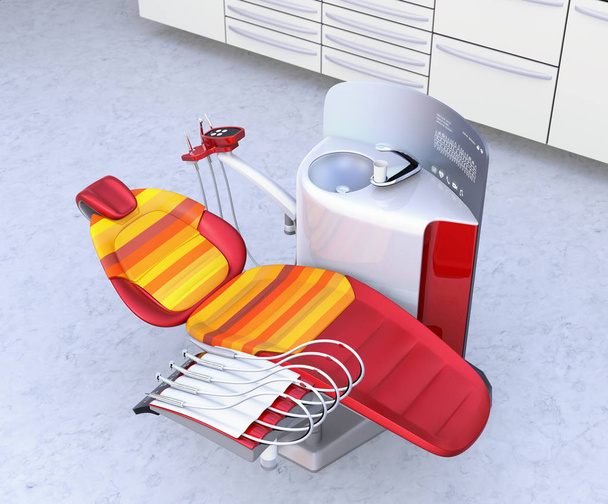 Interior do escritório dentário com equipamento de unidade branca, armário e cadeira vermelha
 - Foto, Imagem