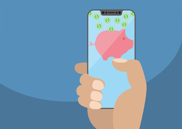 Hand holding modern bezel free smartphone. Piggy bank symbol and dollar coins displayed on frameless touchscreen. Concept for digital wallet and online payment or banking - Vector, Image