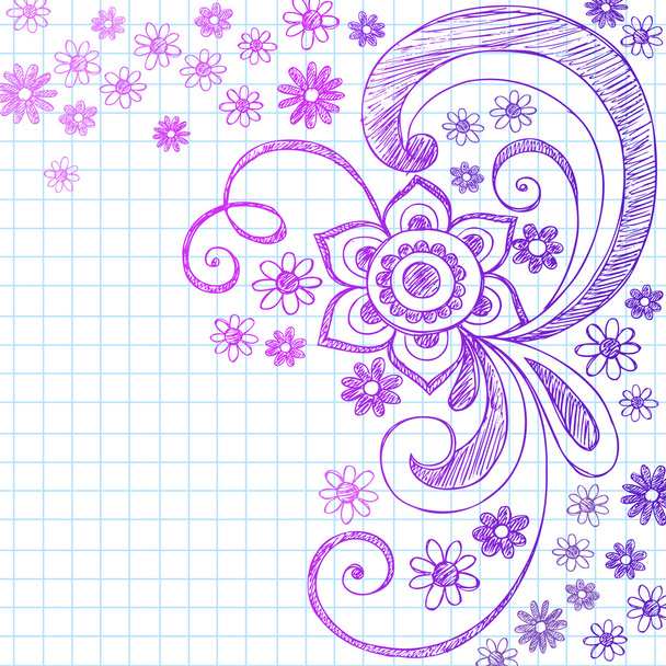 Flores Volver a la escuela Cuaderno de notas Doodles- Elementos de diseño de ilustración en el fondo del cuaderno de bocetos forrado
 - Vector, imagen
