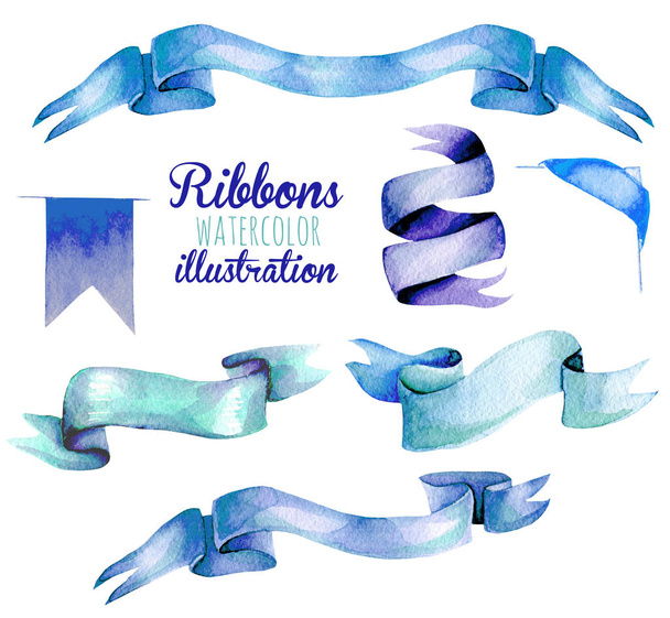 Set, collection of watercolor blue ribbons - Photo, Image