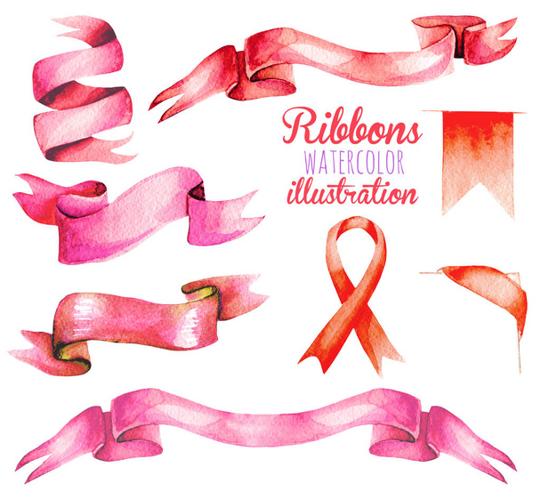 Set, collection of watercolor pink ribbons - Photo, Image