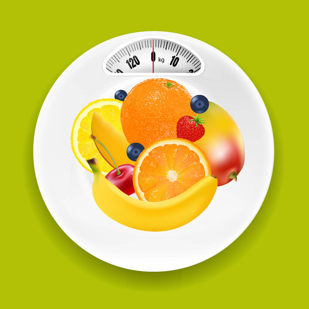 Placa blanca con escala de peso y frutas
 - Vector, Imagen
