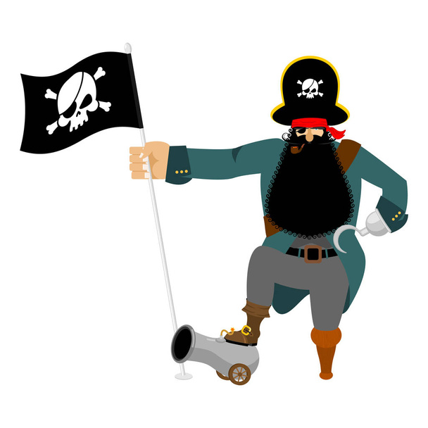Pirate Hook and cannon. Eye patch and smoking pipe. filibuster  - Vetor, Imagem