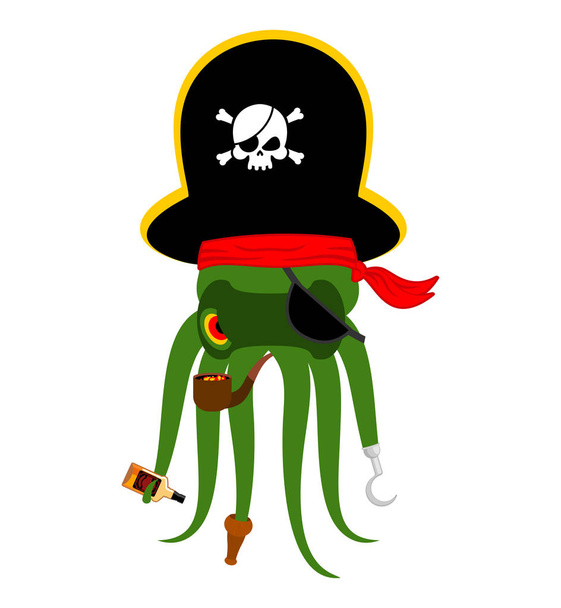 Octopus pirate. poulpe buccaneer. Eye patch and smoking pipe. pi - Vetor, Imagem
