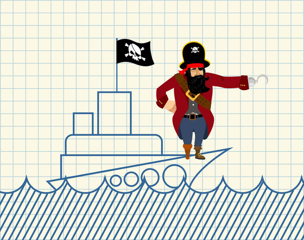 Pirate on ship. Painted ship and buccaneer. Scary filibuster wit - Вектор,изображение