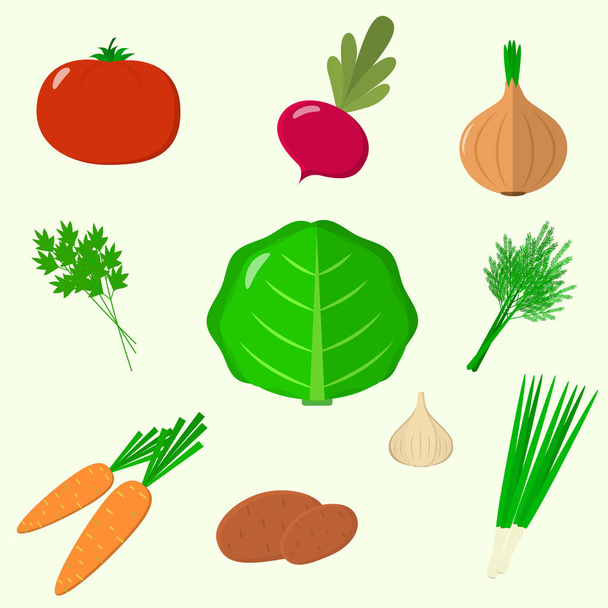 Set of vegetables. Organic vegetarian healthy food isolated on white background. Vector. - Vector, afbeelding