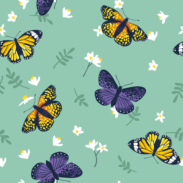 Vector seamless pattern with bright butterflies. Hand drawn texture design - Vector, Imagen