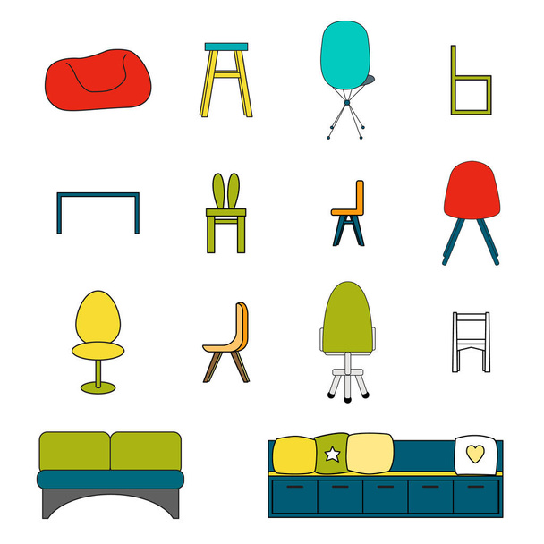 14 Stühle und Sofa im Outline-Stil. - Vektor, Bild