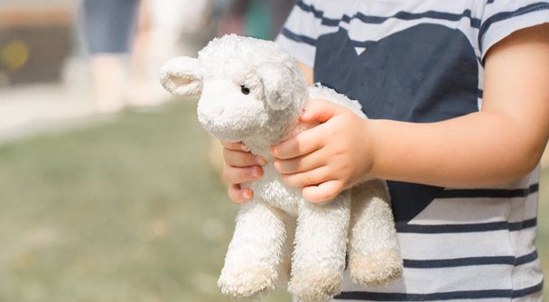 Niña sosteniendo una oveja de juguete
 - Foto, imagen