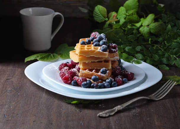 Waffles with raspberry and blueberry  - Photo, Image