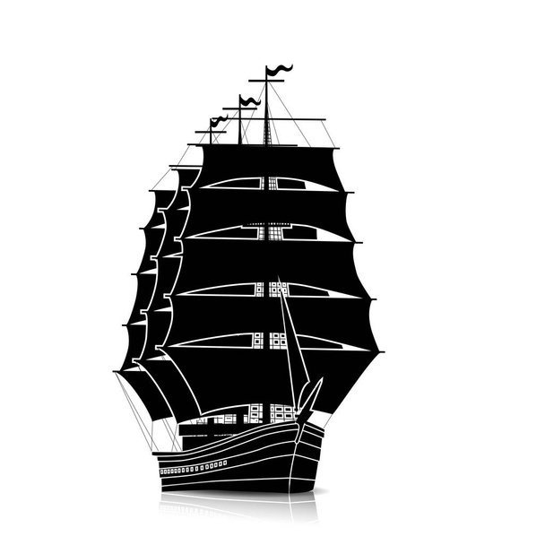 silhouet vintage zeilschip met reflectie - Vector, afbeelding