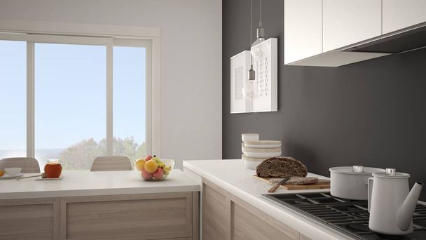Cucina moderna con dettagli in legno e pavimento in parquet, bagno sano
 - Foto, immagini