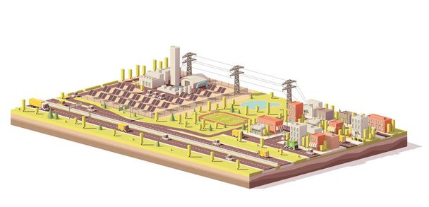 Векторная низкополисолнечная электростанция и город
 - Вектор,изображение