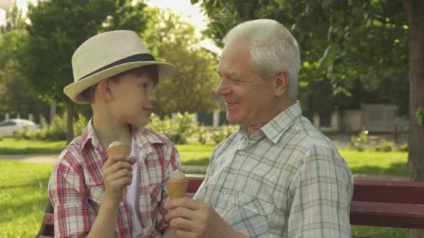 年配の男性と彼の孫はベンチにアイスクリームを食べる - 映像、動画