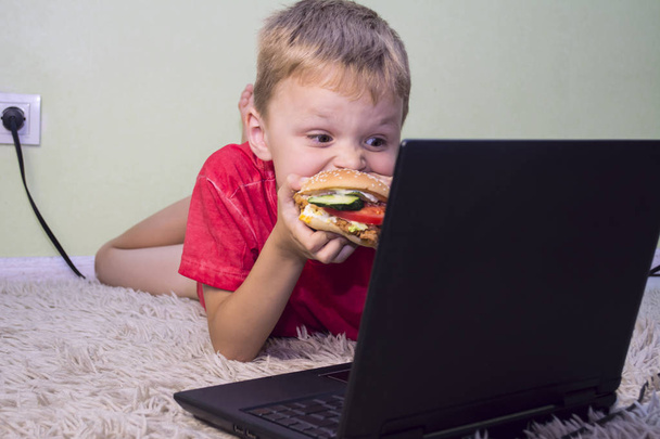 funny boy eating hamburger  - Fotografie, Obrázek