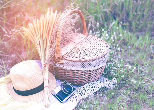 Basket with camera and flower, hat for picnic setting on meadow.  Vintage Tone - Фото, зображення