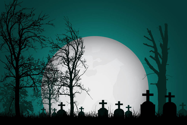 Διάνυσμα ρεαλιστική απεικόνιση του ένα στοιχειωμένο νεκροταφείο με επιτύμβιες στήλες, σταυρό και δέντρα χωρίς φύλλα κάτω από ένα δραματικό ουρανό με φεγγάρι - Διάνυσμα, εικόνα