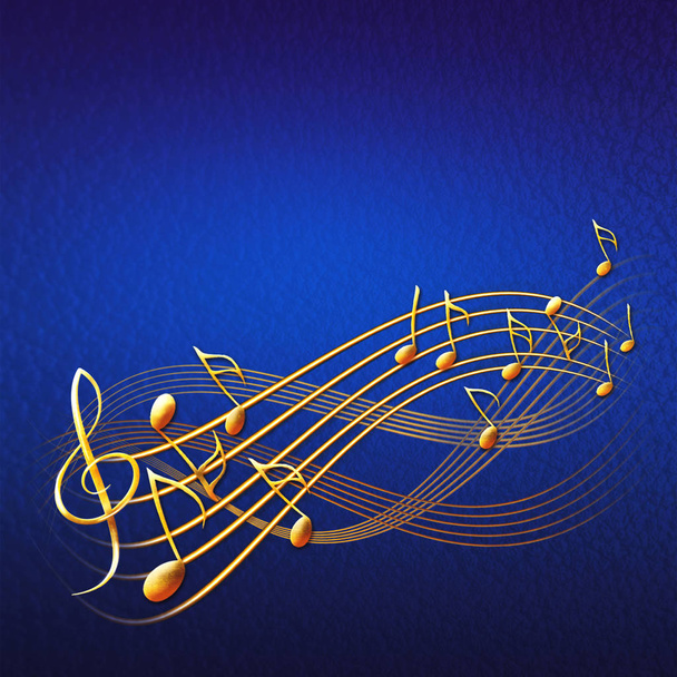 blauwe muzikale achtergrond met gouden notities en treble clef - Foto, afbeelding