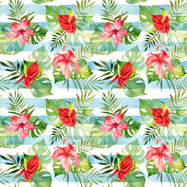 Seamless pattern with watercolor tropical flowers and leaves on  - Foto, immagini
