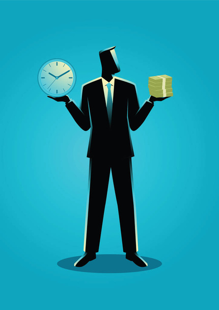 Podnikatel, drží hodiny a bankovky - Vektor, obrázek