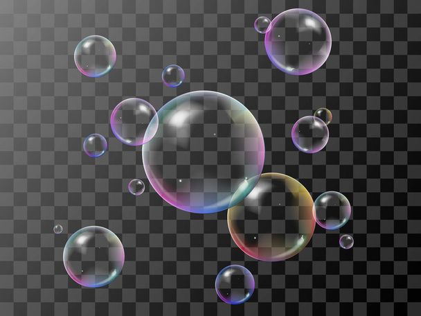 Realistic 3d soap bubbles set with rainbow reflection. Vector illustration. Transparent. - Vector, Image