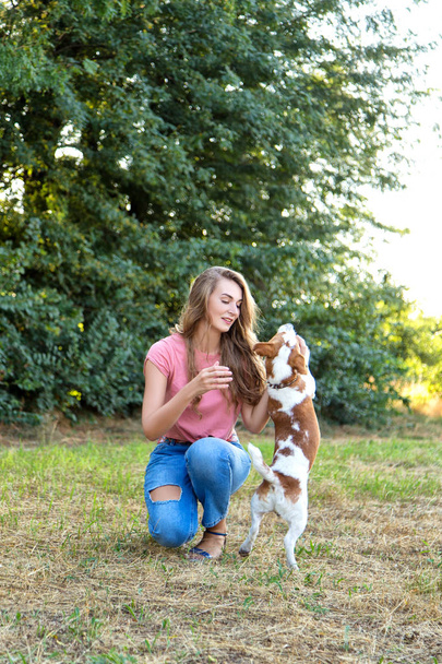 ビーグル犬の子犬と遊ぶ美しい少女 - 写真・画像