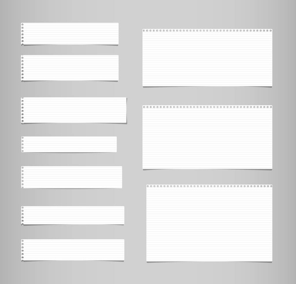 Witte regeerde, bekleed opmerking, beurt, notebookpapier stroken geplakt op grijze achtergrond. - Vector, afbeelding