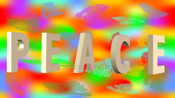 For peace animation with anti war symbol on rainbow background. 3d antiwar sign in hippies falling down on black background. 3D animated inscription peace - Footage, Video