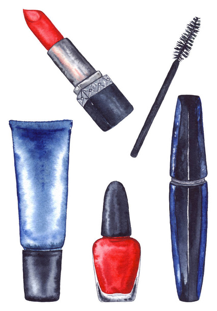 Krem i tusz do rzęs tube i czerwona szminka i kosmetyki manicure paznokci akwarela kobiet tworzą zestaw na białym tle - Zdjęcie, obraz