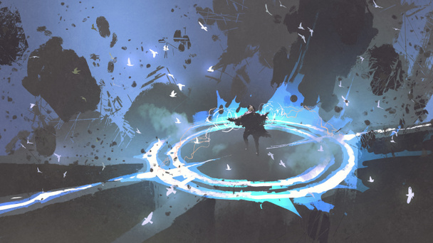 guerrero mago lanzando un hechizo con luz azul
 - Foto, imagen